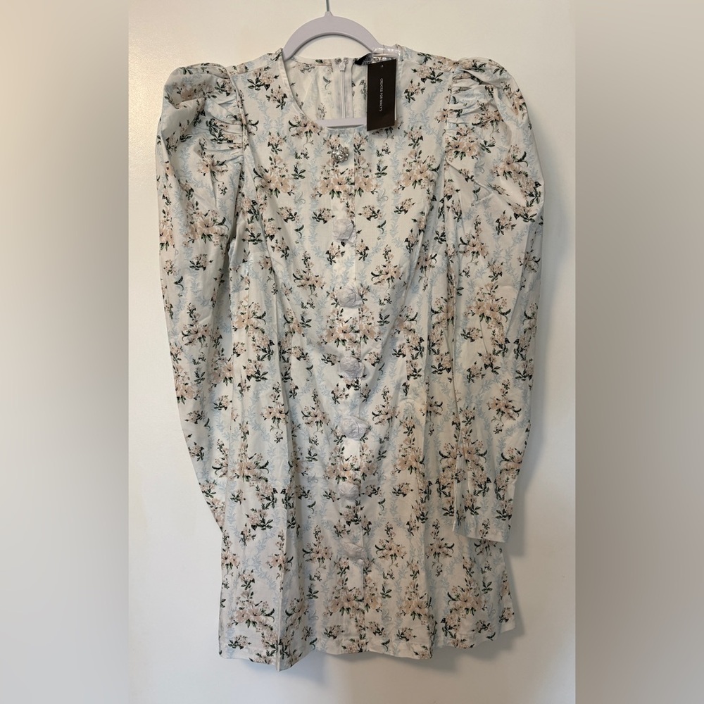 Danielle Bernstein floral dress S. long puff sleeves rhinestone buttons